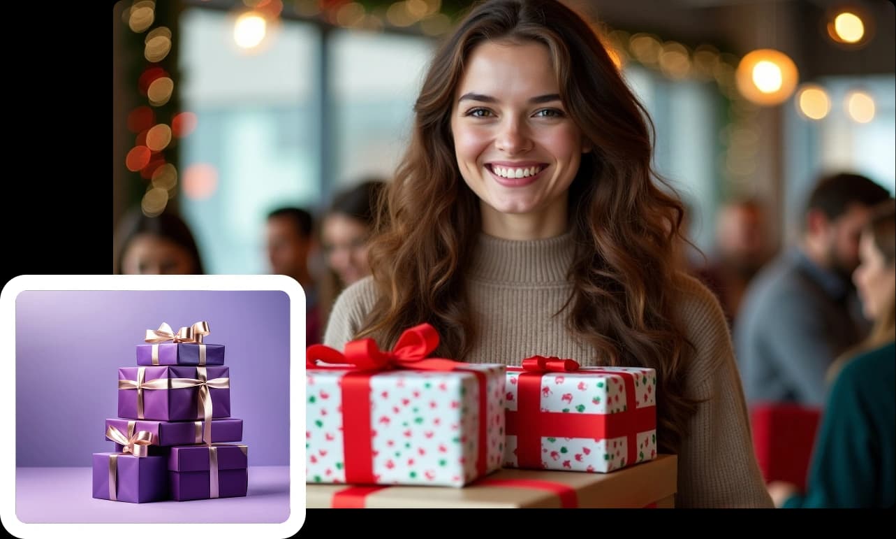 Woman holding wrapped gifts, with a stack of purple gift boxes